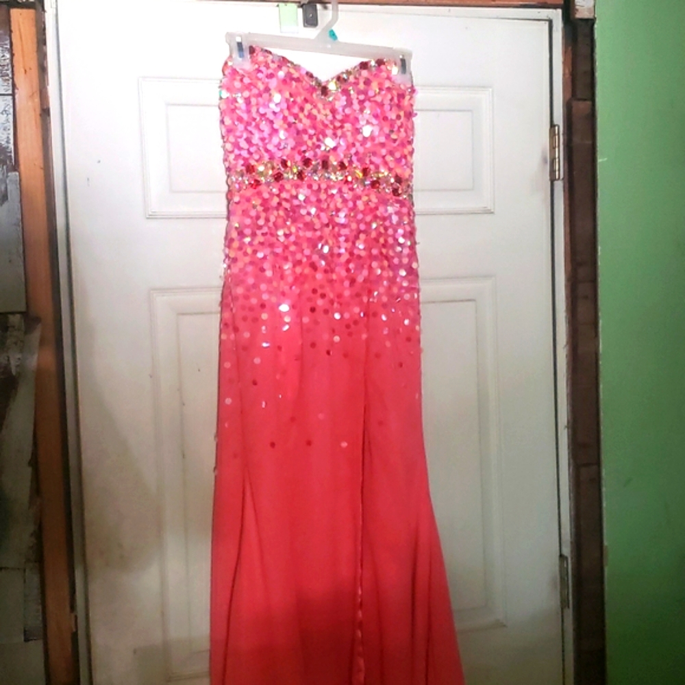 Strapless pretty pink prom dress with slit up the side